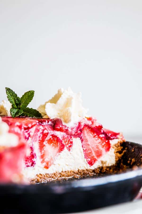 Inside of no bake strawberry pie with cheesecake filling.