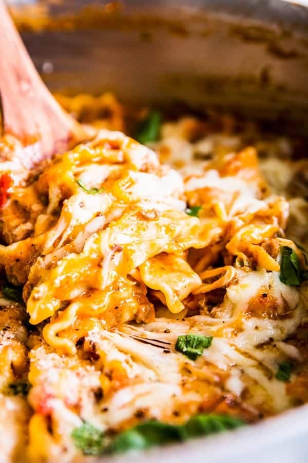 Skillet lasagna in a large skillet, close up