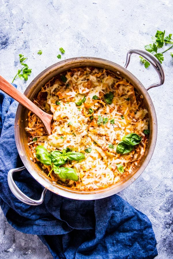 large skillet with skillet lasagna