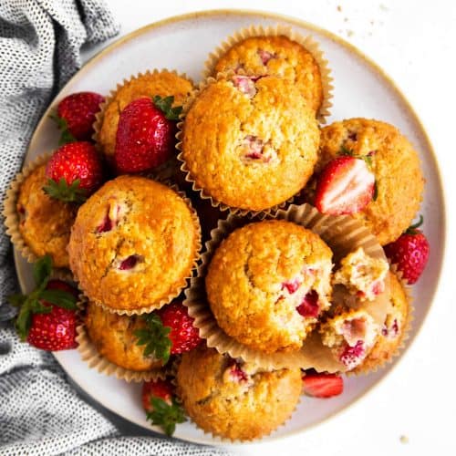 top down view on a plate filled with strawberry muffins