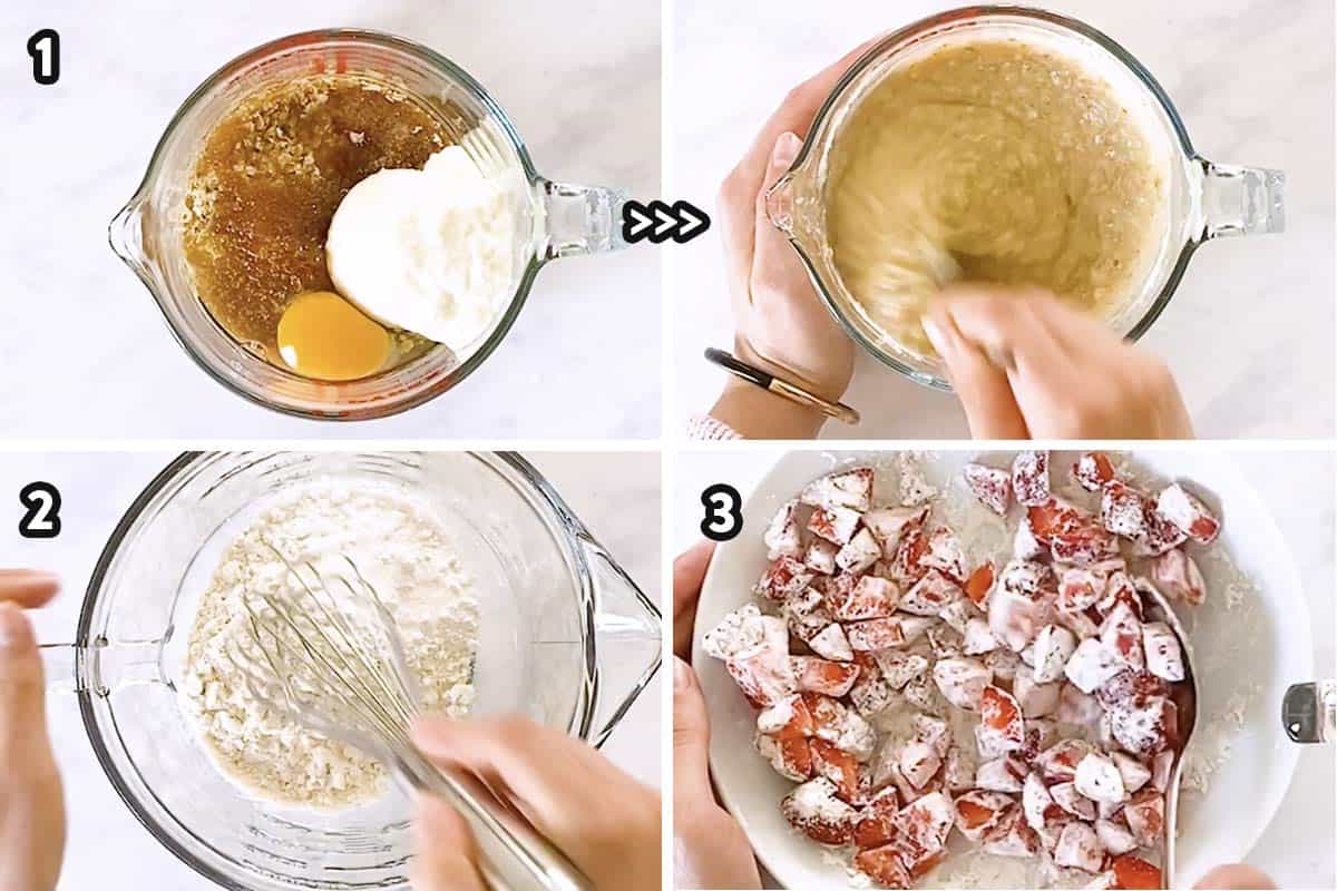 collage of step images to combine the ingredients to make strawberry oatmeal muffins