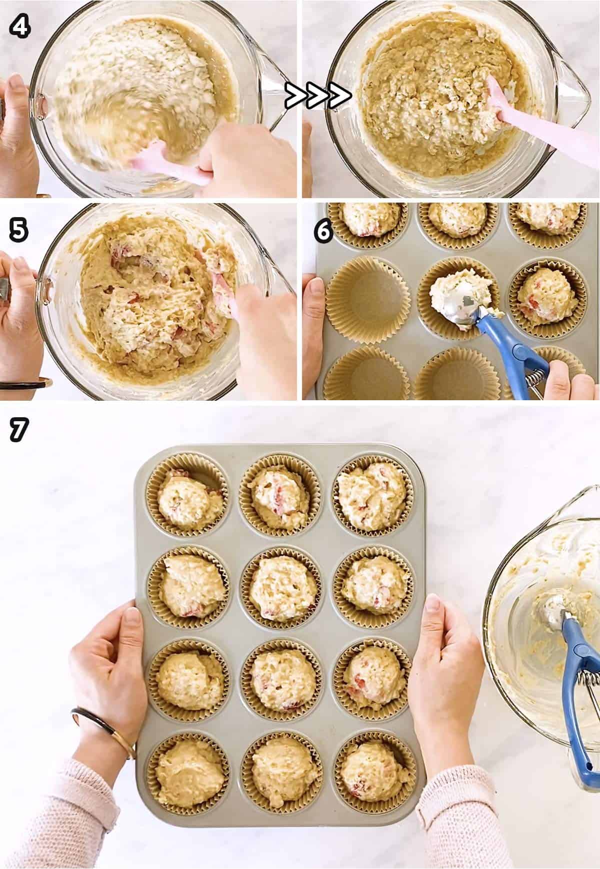 collage of step images to make the batter for strawberry oatmeal muffins