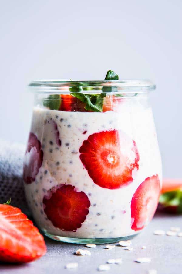 Strawberry peanut butter overnight oats in a jar