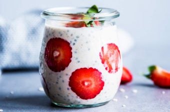 Strawberry Peanut Butter Overnight Oats in a jar on the counter