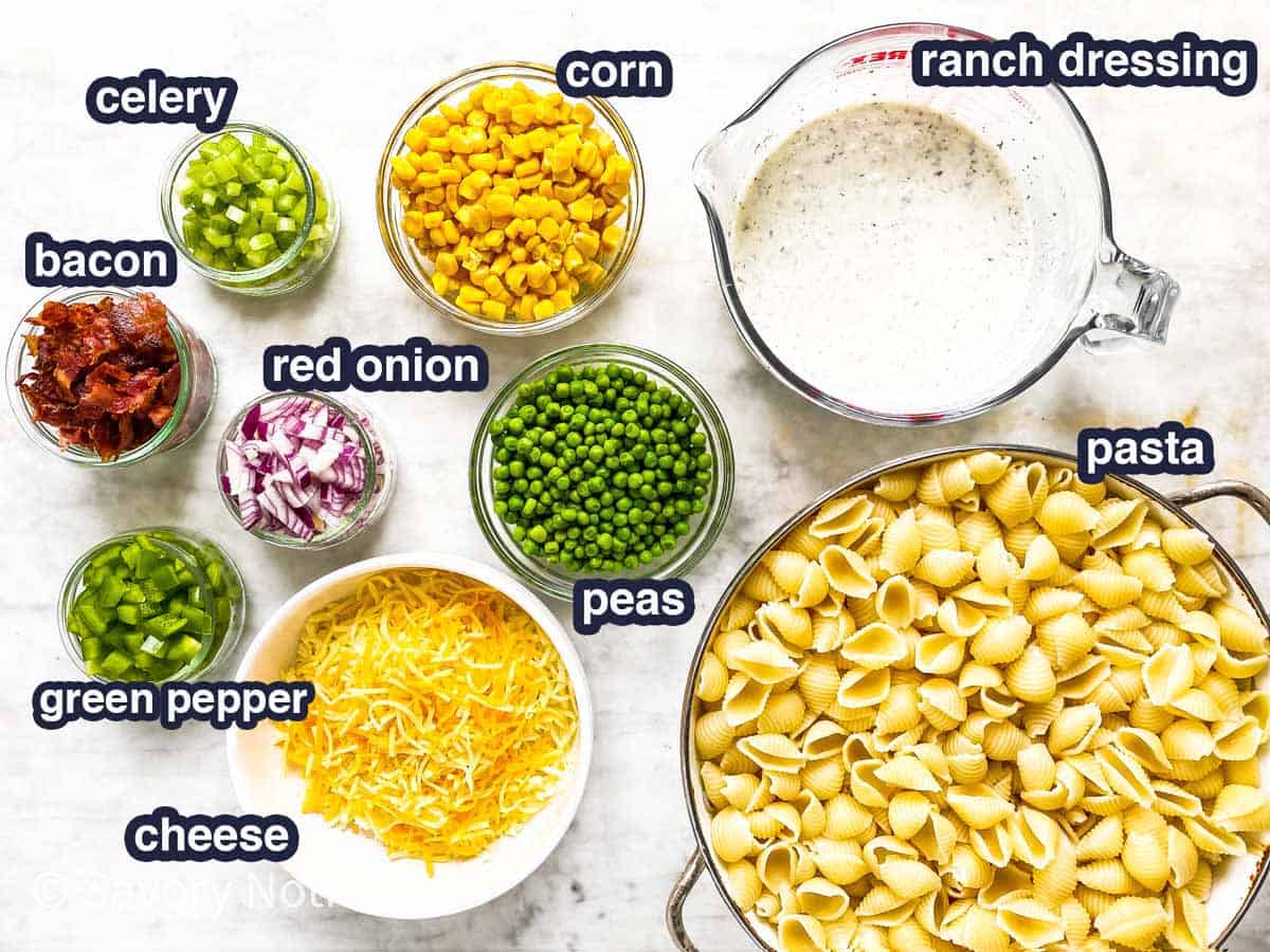 ingredients for bacon ranch pasta salad with text labels