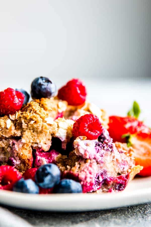 berry French toast bake on a white plate