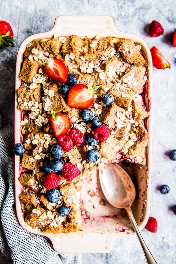 berry French toast bake with a scoop taken out