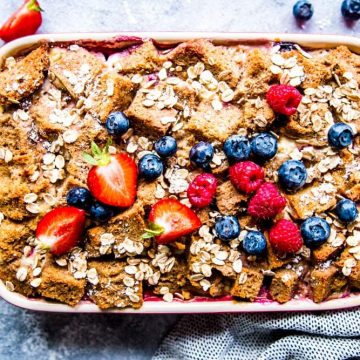 berry french toast bake in a casserole dish
