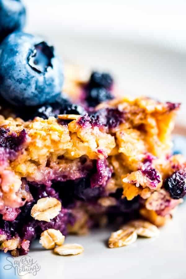 close up photo of blueberry baked oatmeal