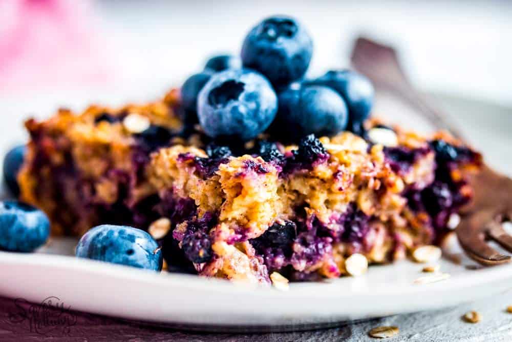 blueberry baked oatmeal on a plate