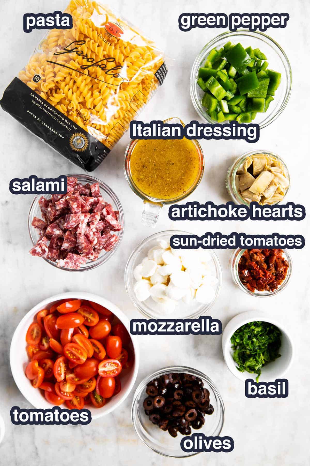 ingredients for Italian pasta salad with text labels