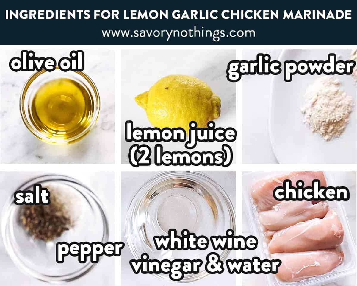 ingredients for lemon garlic chicken marinade with text labels