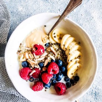 Berry quinoa breakfast bowl on the counter.