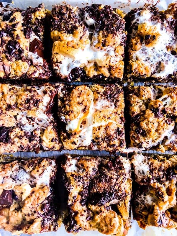 close up of oatmeal cookie s'mores bars