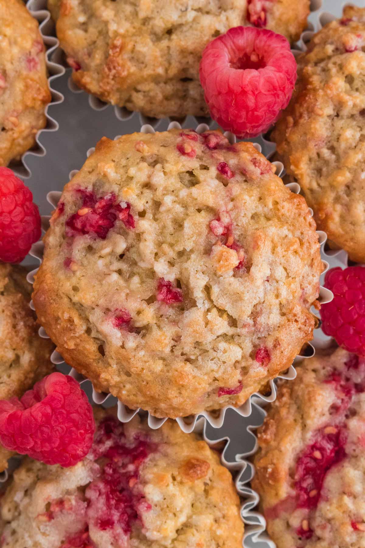 overhead close up of raspberry muffins