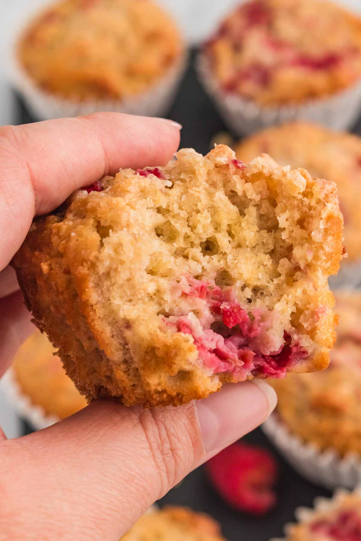 hand holding a raspberry oatmeal muffin