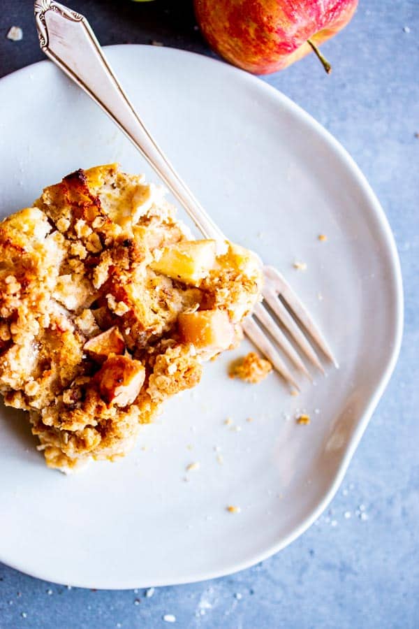 slice of apple French toast bake on a white plate