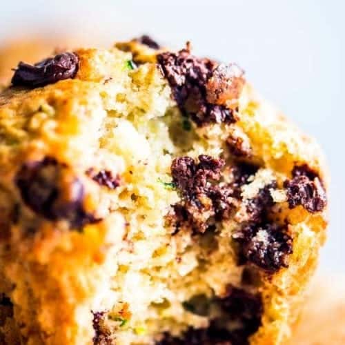 chocolate chip zucchini muffin with a bite taken out