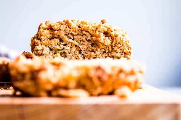 cinnamon crunch zucchini bread on a wooden chopping board