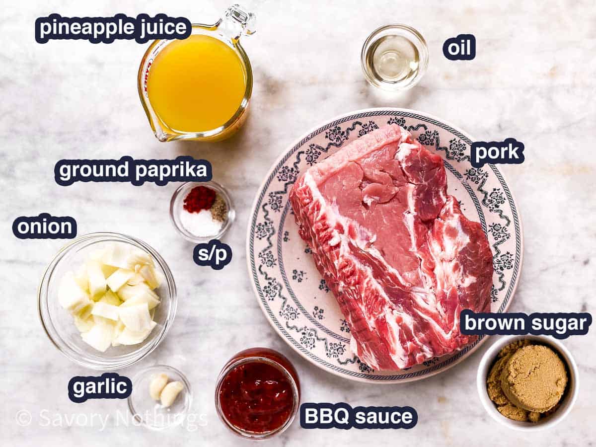 ingredients for slow cooker pineapple pulled pork with text labels