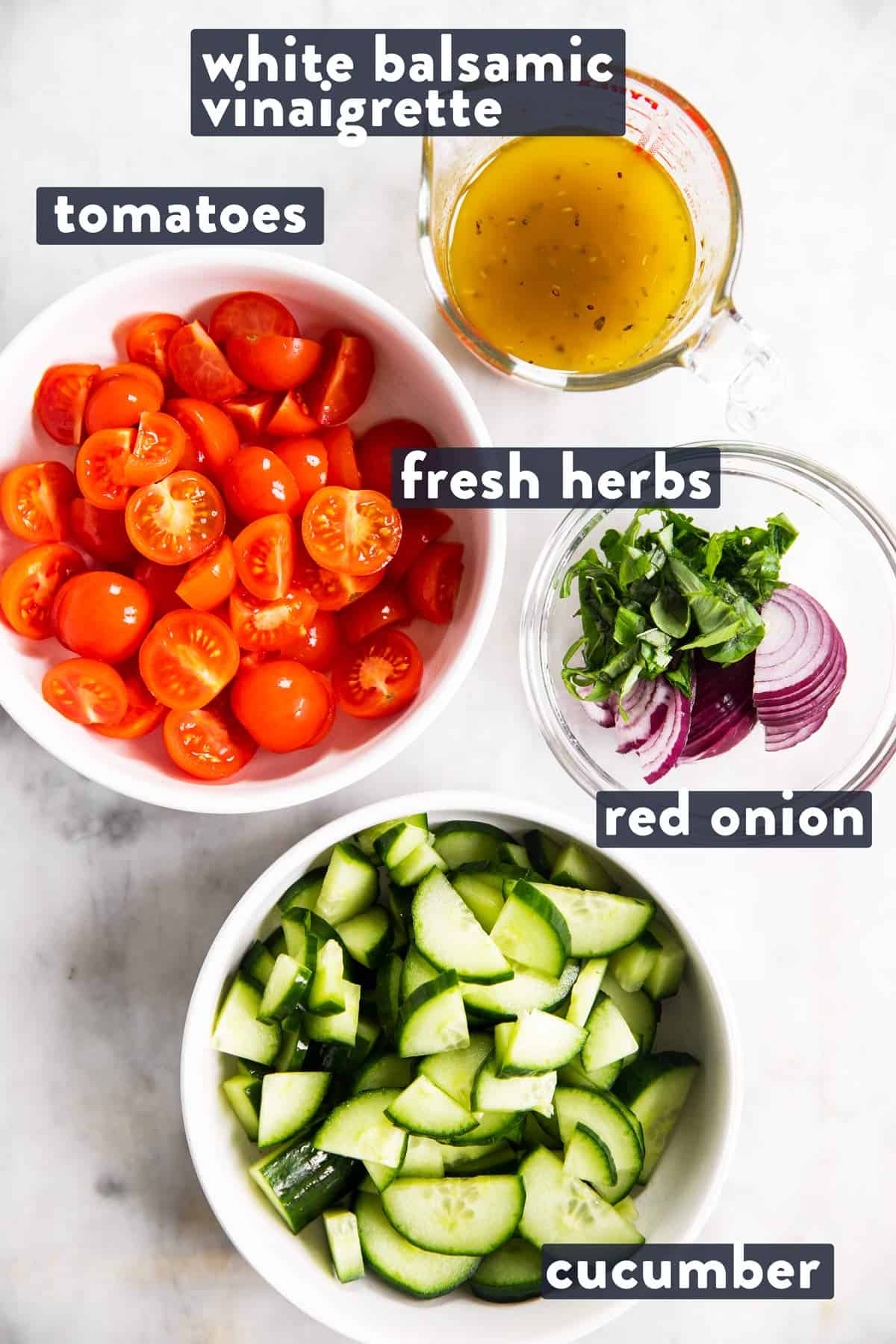 ingredients for cucumber tomato salad with text labels