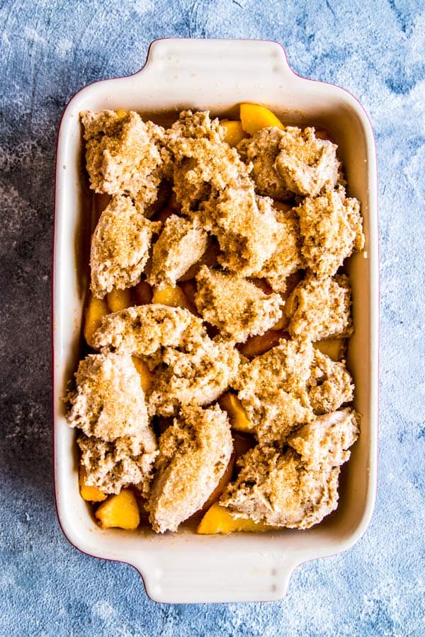 peach cobbler ready for the oven