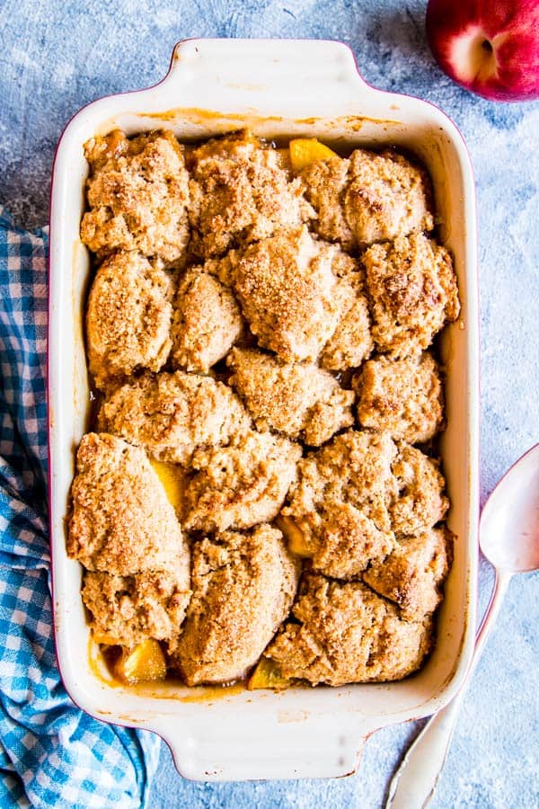 peach cobbler fresh out of the oven