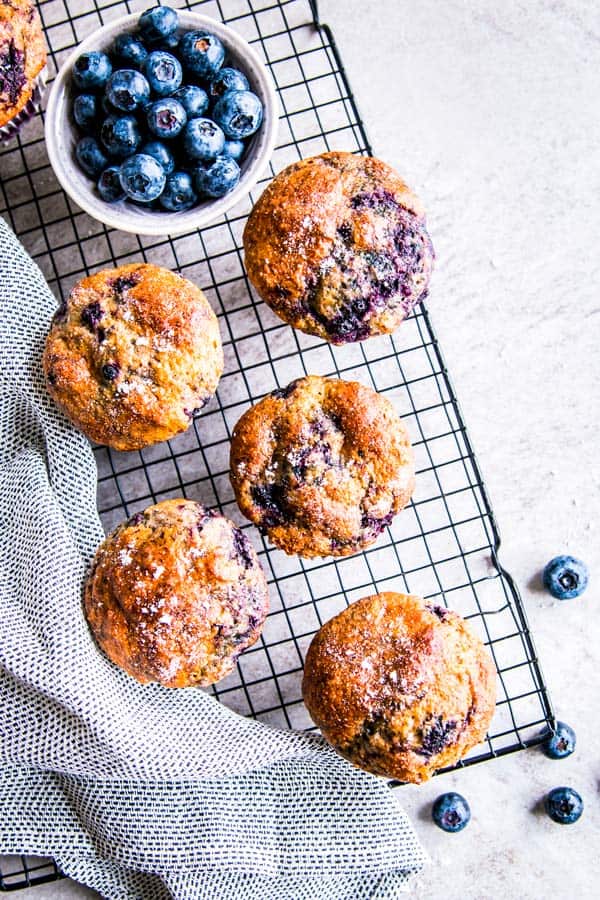 greek yogurt blueberry muffins on a cooling rack with fresh blueberries