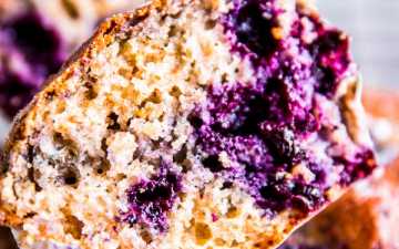 a halved greek yogurt blueberry muffin