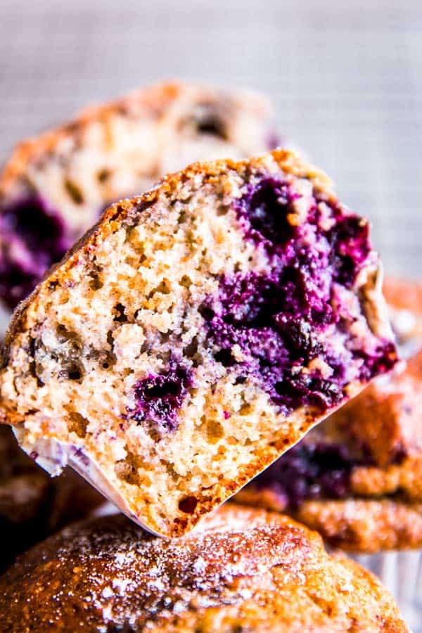 a halved greek yogurt blueberry muffin