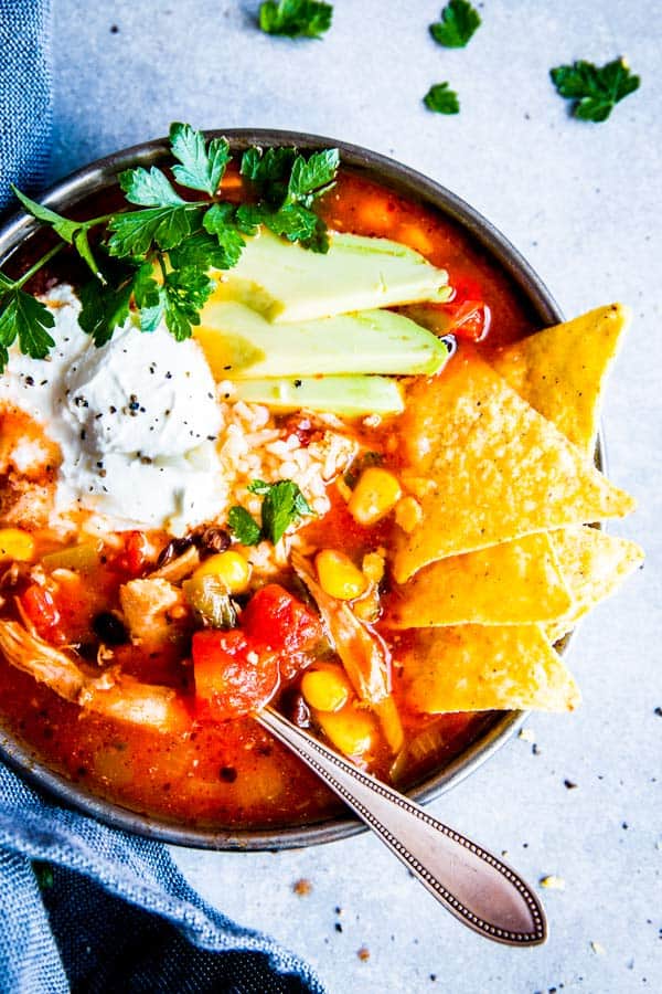 close up photo of chicken tortilla soup