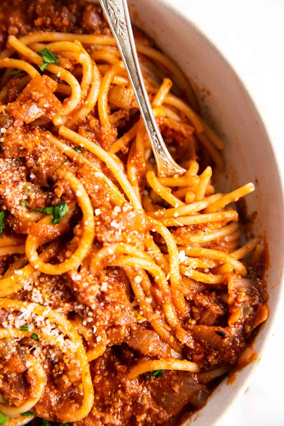 close up photo of fork in bowl with spaghetti and meat sauce