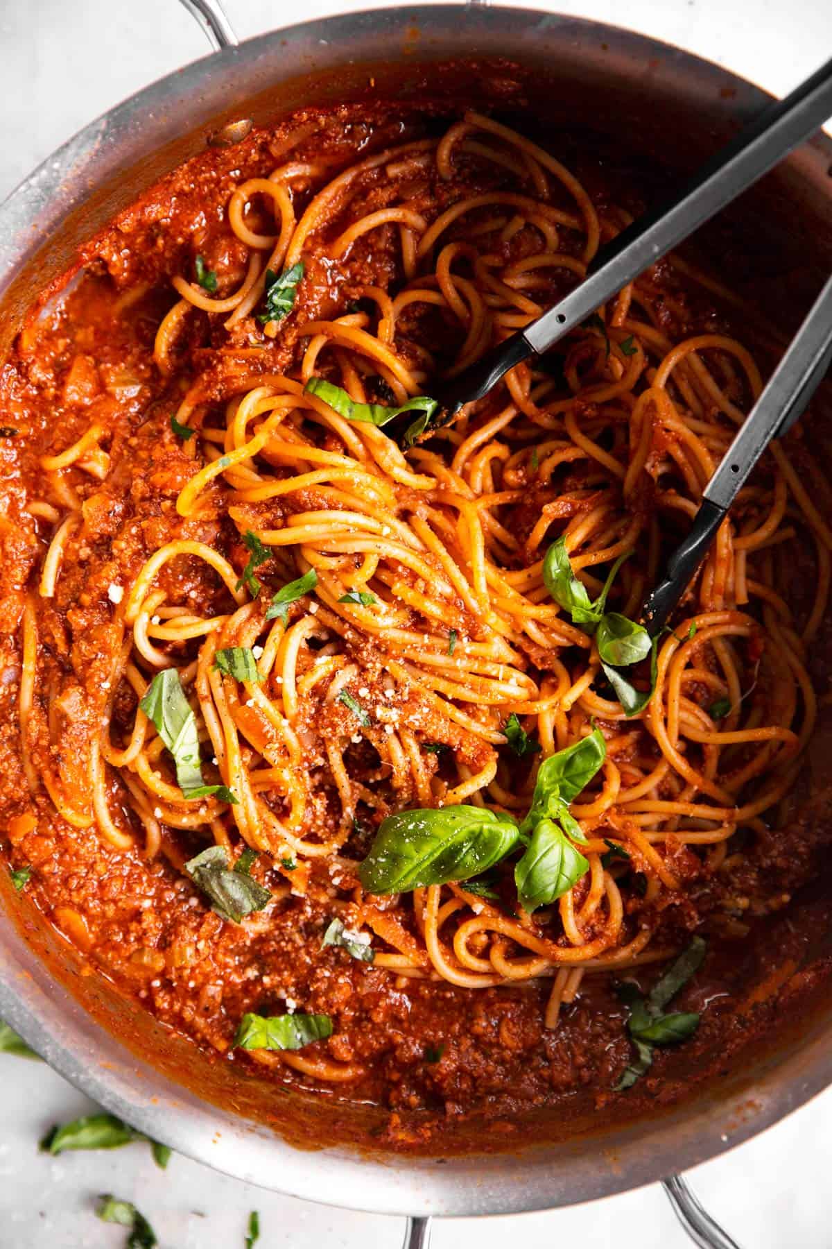 overhead view of spaghetti and meat sauce in pot