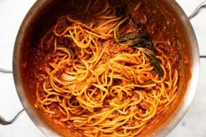 overhead view of spaghetti and meat sauce in pot