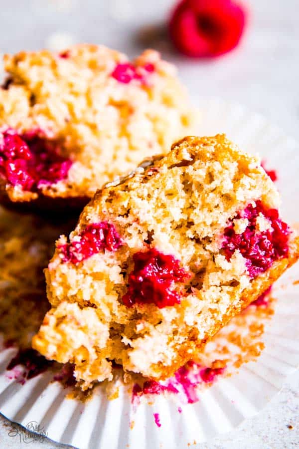 close up photo of raspberry oatmeal muffin