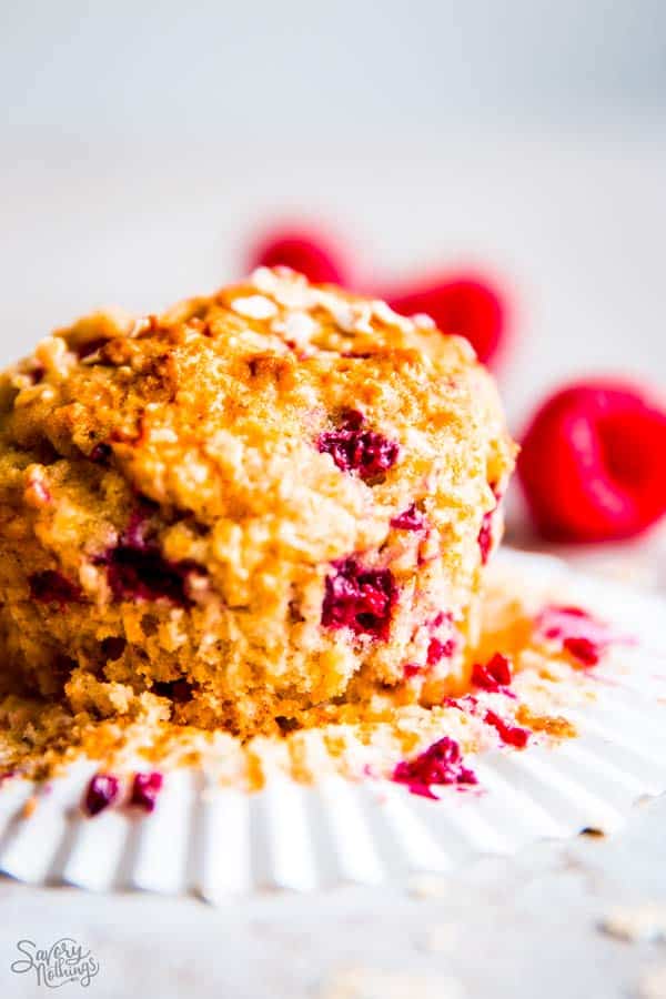 unwrapped raspberry oatmeal muffin