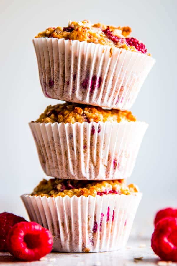 stack of raspberry oatmeal muffins