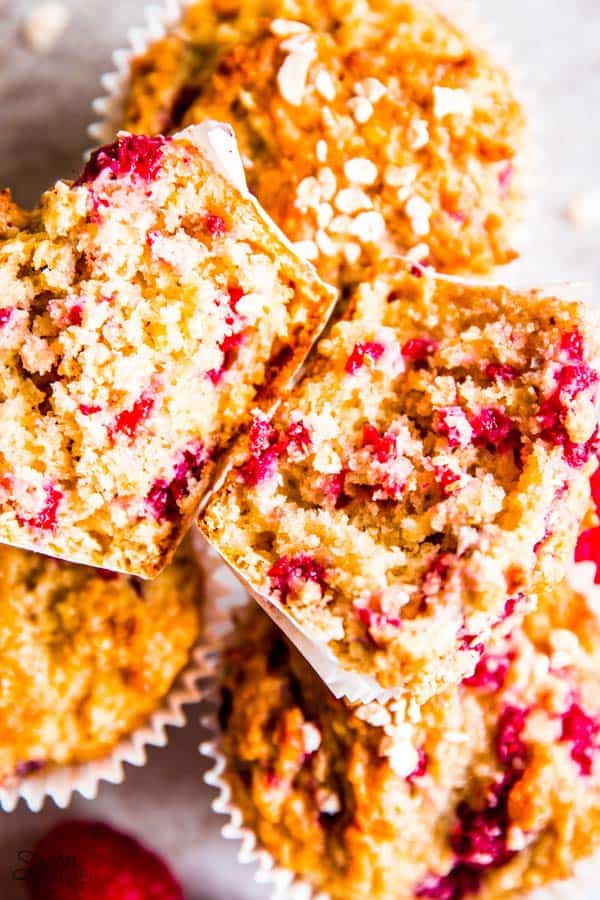 raspberry oatmeal muffin cut in half