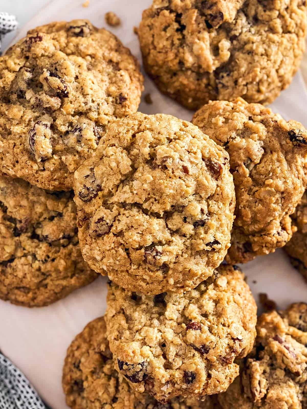 overhead closeup of pile of oatmeal raisin cookies