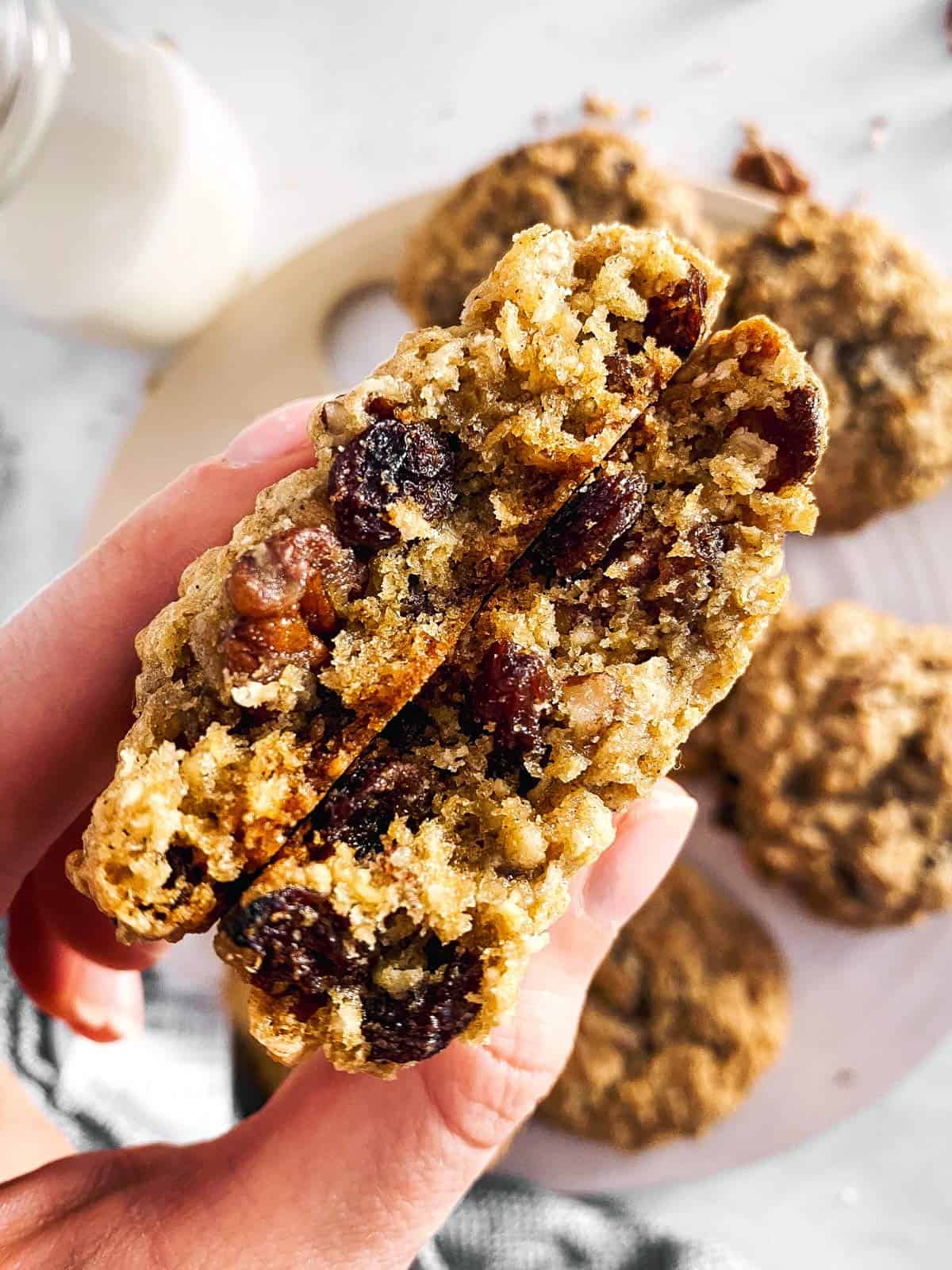 female hands holding halved oatmeal raisin cookie