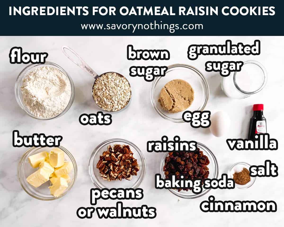 ingredients for oatmeal raisin cookies with text labels