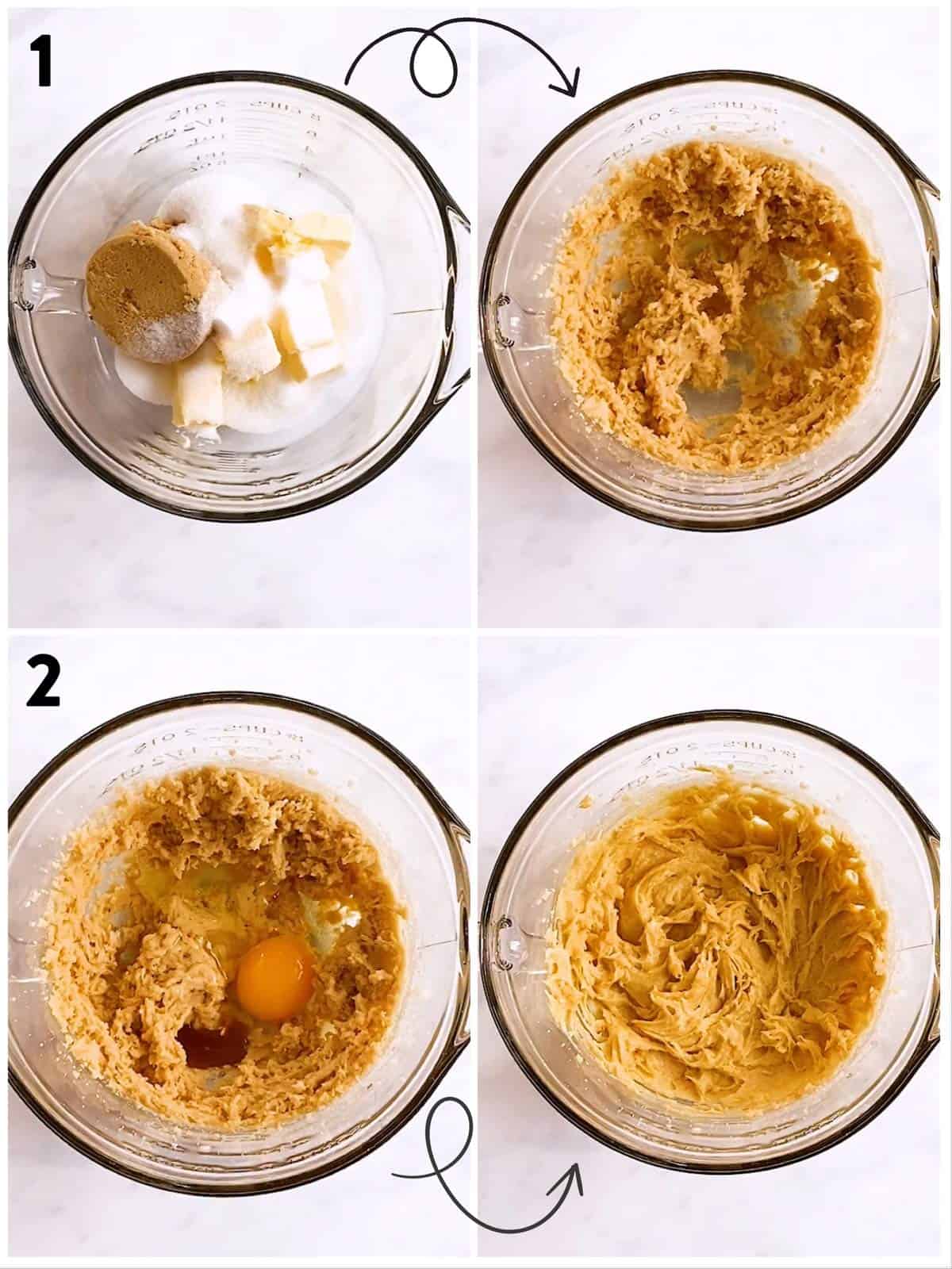 collage of steps to show creaming of ingredients for oatmeal cookie dough