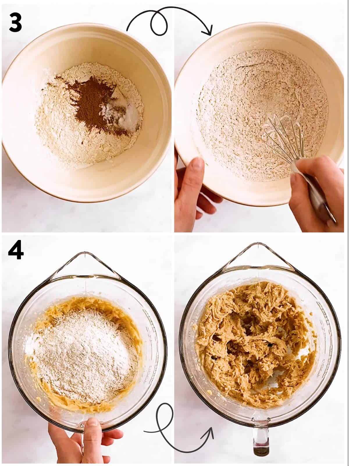 collage of steps to show adding dry ingredients to cookie dough