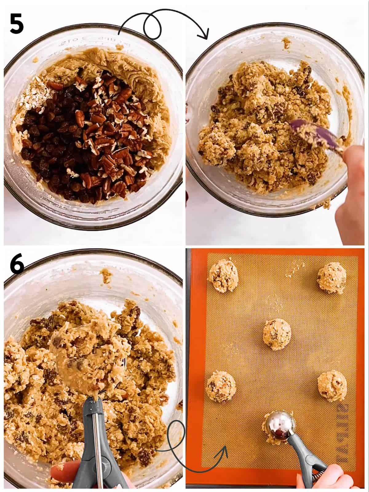 collage of steps to show shaping of oatmeal raisin cookie dough