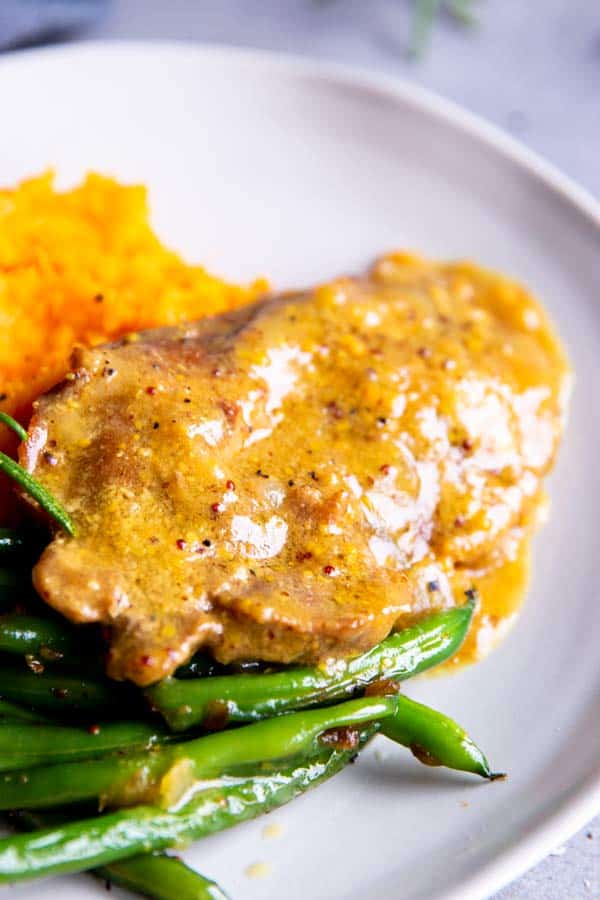 close up photo of instant pot honey mustard pork chops