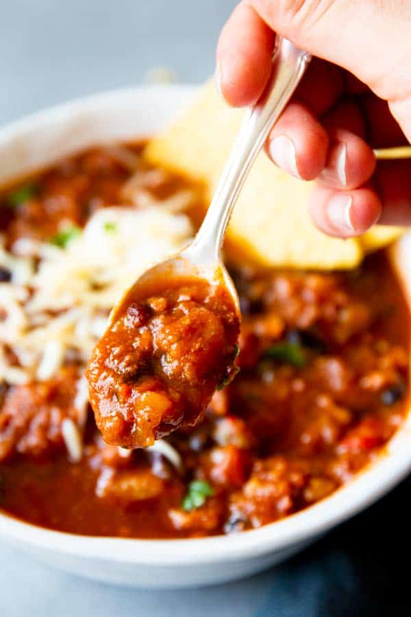 spoonful of instant pot turkey pumpkin chili