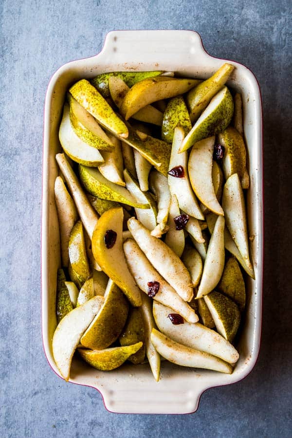 pear crisp filling in a baking dish