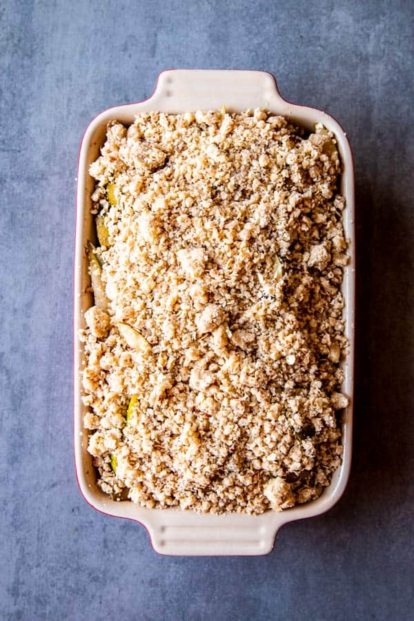 pear crisp in a baking dish