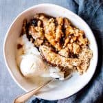 pear crisp in a white bowl