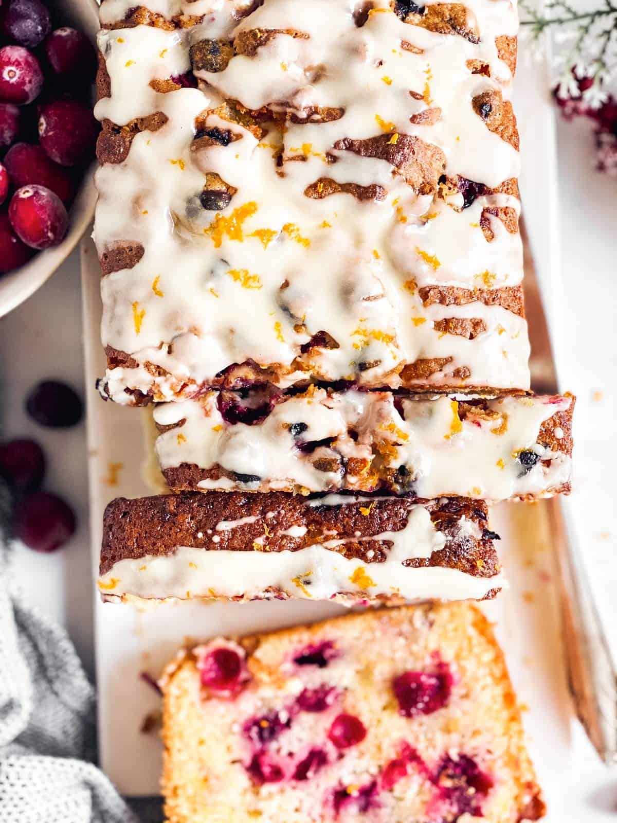 overhead view of glazed cranberry orange bread